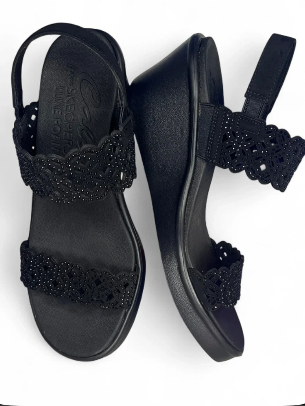 Skechers Rumble On Sassier Dayz Wedge Sandals Black Embellished Vegan Women's 8